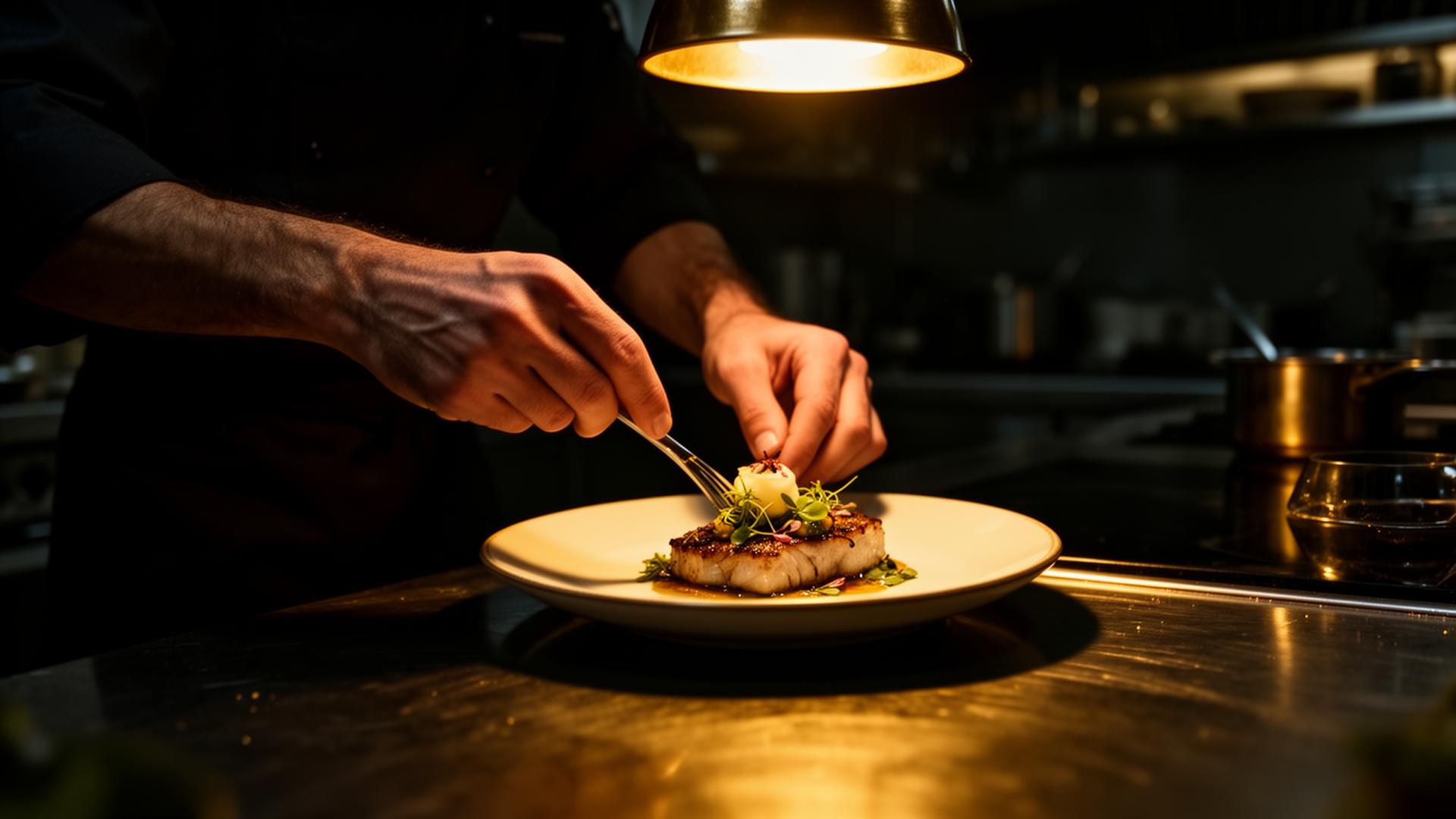 Kock som lägger upp en rätt i ett restaurangkök